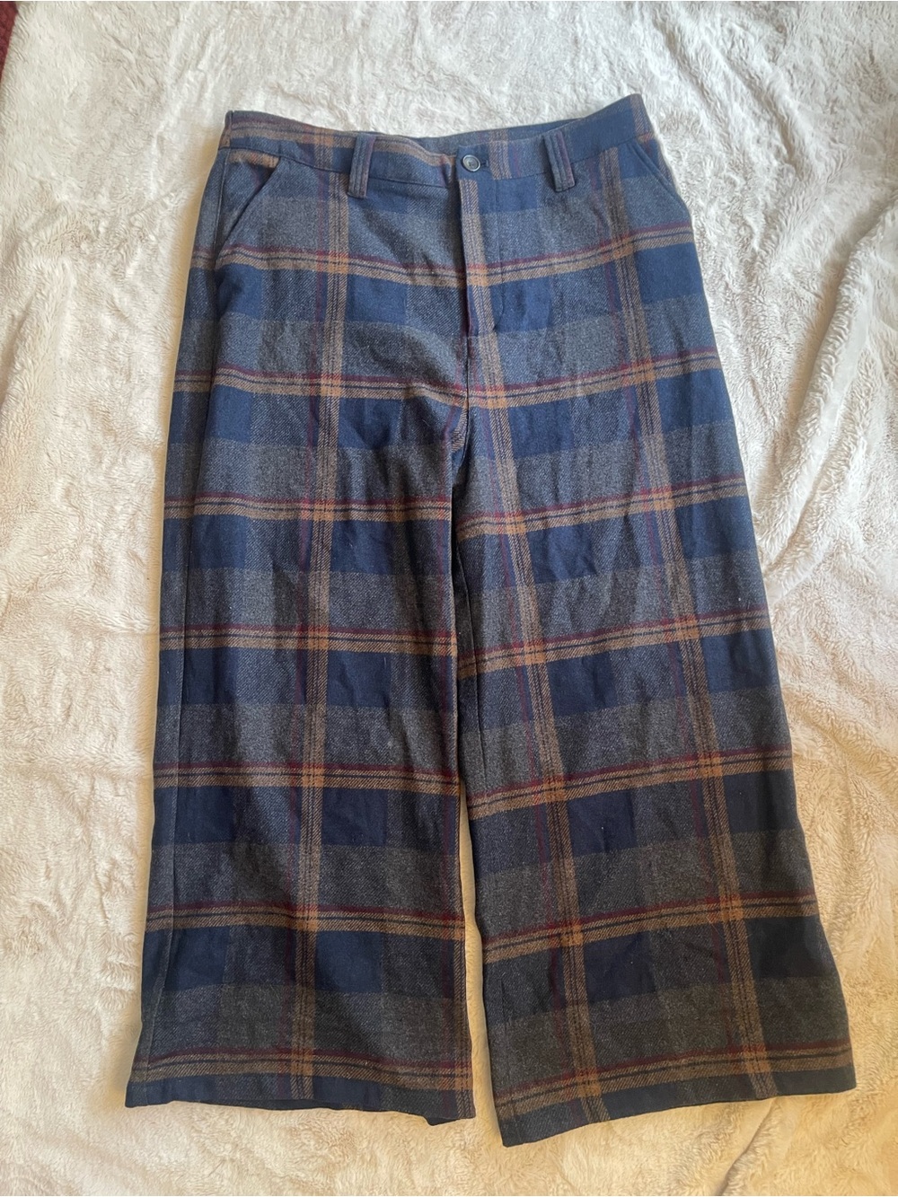 Lazy Oaf | Wool Flare Trousers in Navy Plaid